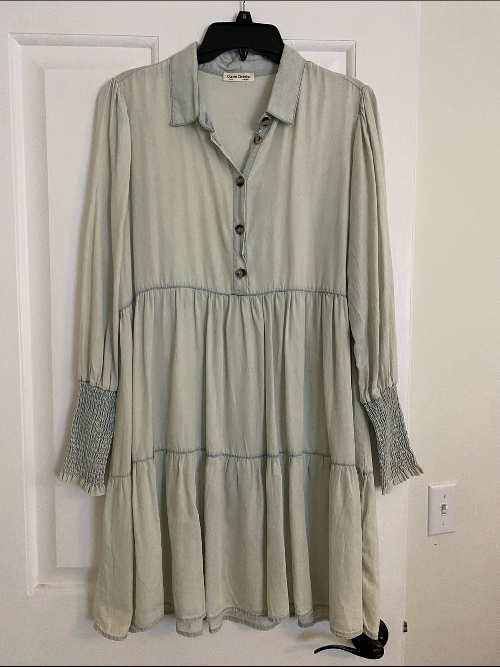 Sage Button-Front Tiered Mini Dress with Smocked Cuffs